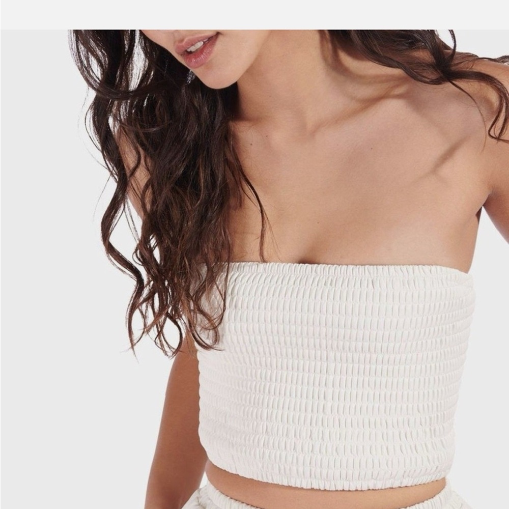 Staud Faux Leather Smocked Tube Top